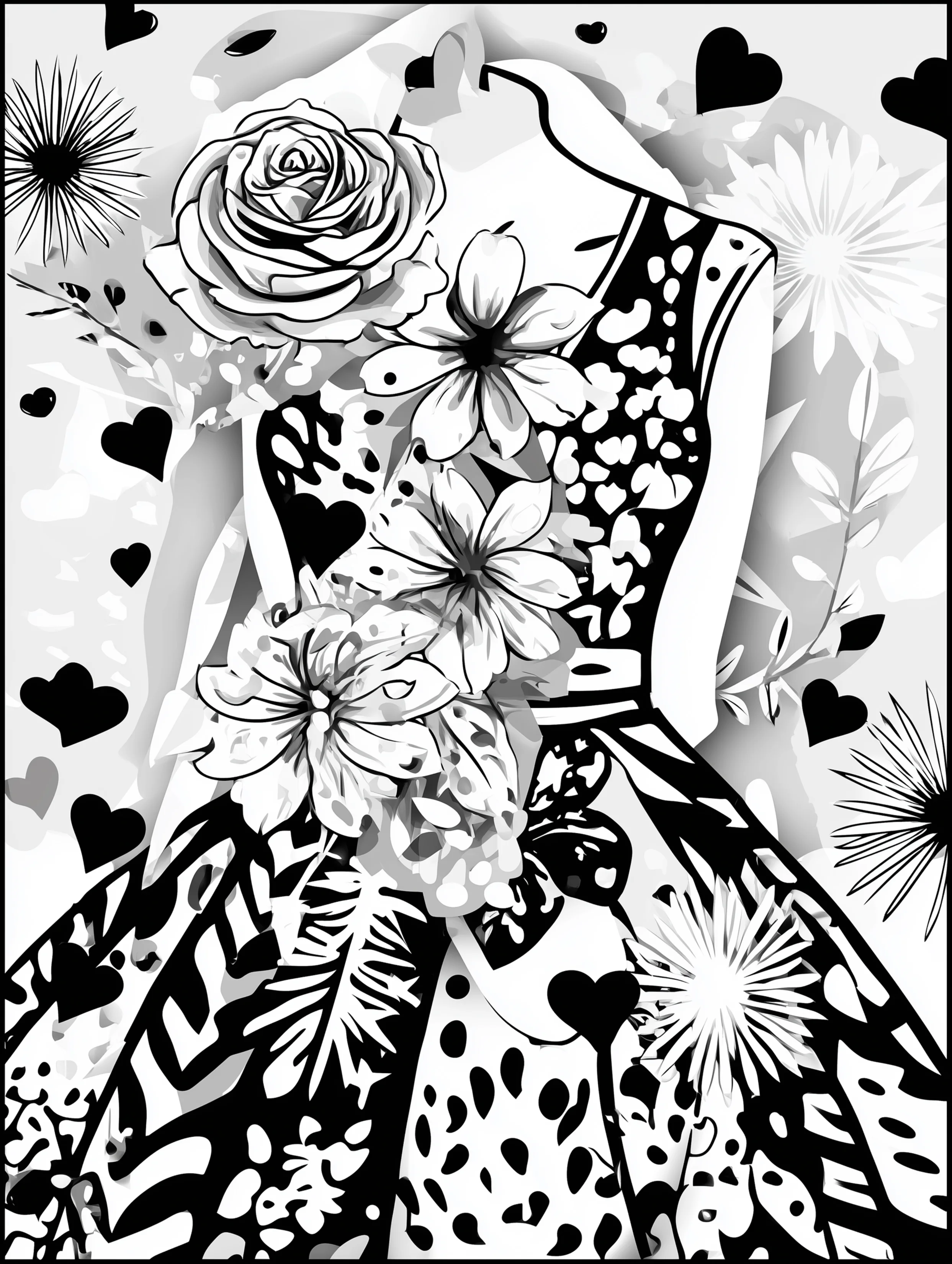 Free printable dress coloring page for adults featuring a dress with large floral designs